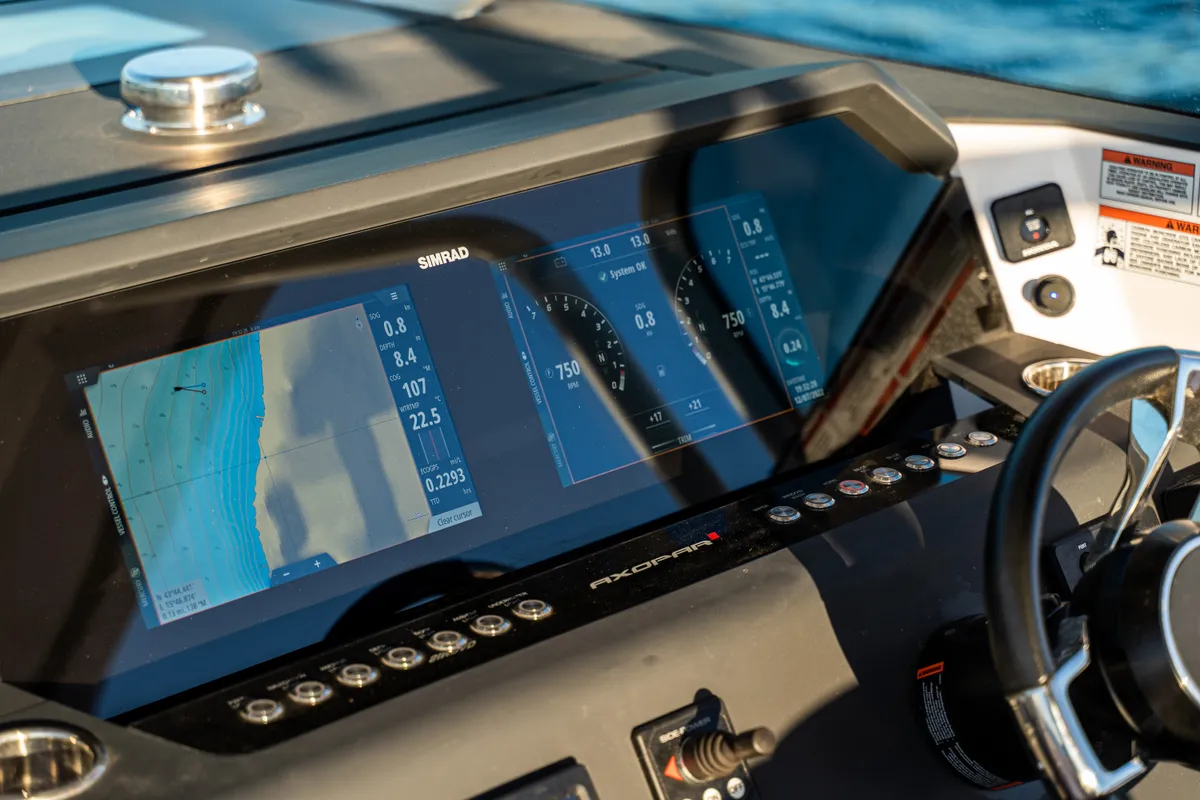 Cockpit of Axe, a Axopar 37 Sun Top motorboat at Grad Vodice, Croatia