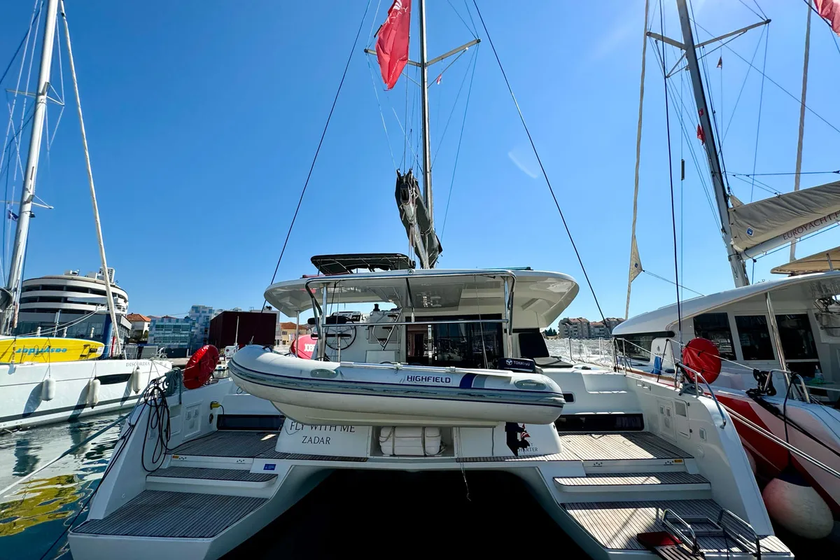 Exterior view of Fly With Me, a Lagoon 42 catamaran at Grad Biograd na Moru, Croatia