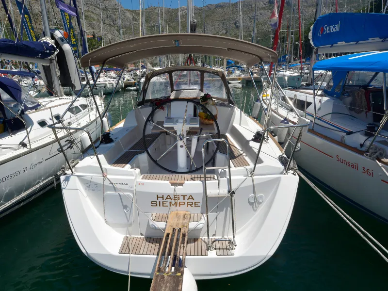Cockpit of Hasta Siempre, a Jeanneau Sun Odyssey 33i sailboat at Dubrovnik, Croatia
