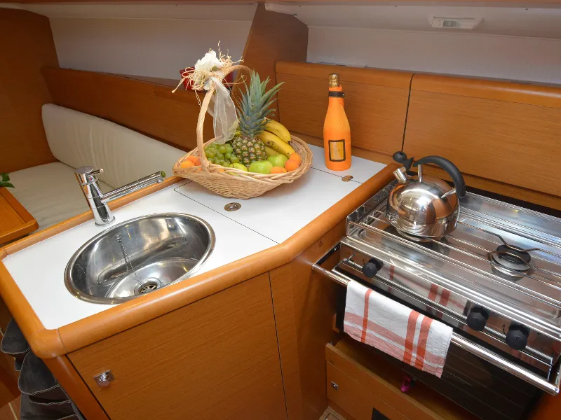 Galley of Hasta Siempre, a Jeanneau Sun Odyssey 33i sailboat at Dubrovnik, Croatia