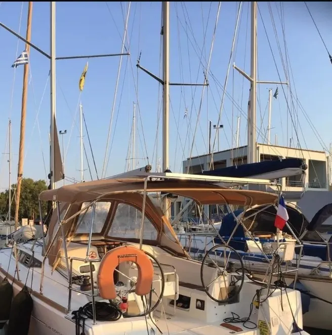 Exterior view of Papatheo, a Jeanneau Sun Odyssey 349 sailboat at Municipal Unit of Lefkada, Greece