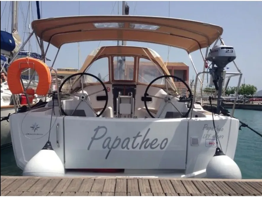 Exterior view of Papatheo, a Jeanneau Sun Odyssey 349 sailboat at Municipal Unit of Lefkada, Greece