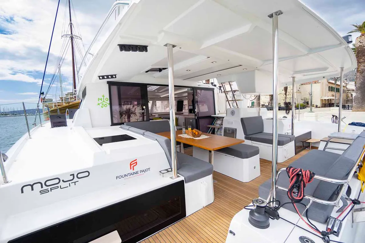 Deck of Mojo, a Fountaine Pajot Astrea 42 catamaran at Grad Pula, Croatia