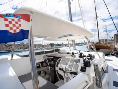 Cockpit of Mojo, a Fountaine Pajot Astrea 42 catamaran at Grad Pula, Croatia