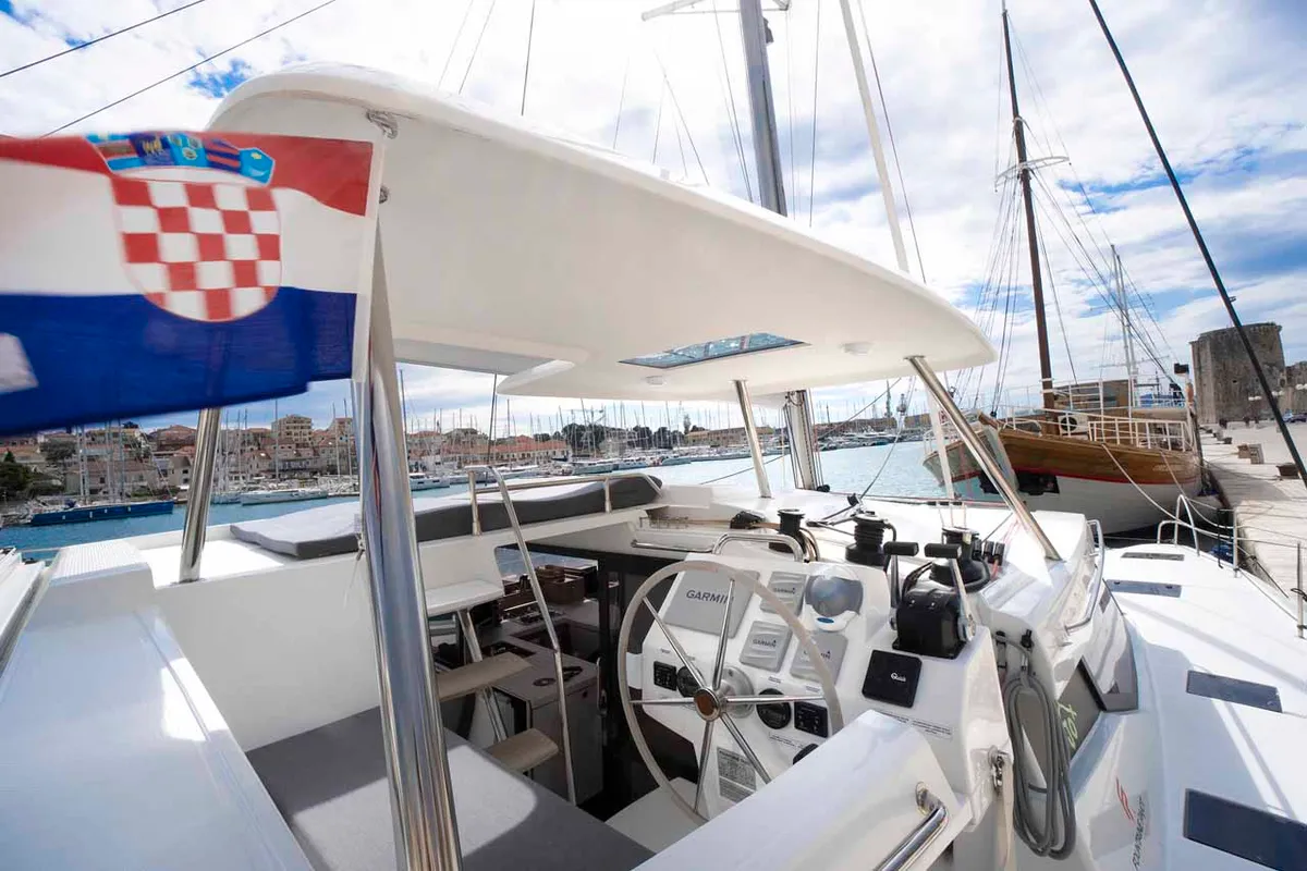 Cockpit of Mojo, a Fountaine Pajot Astrea 42 catamaran at Grad Pula, Croatia