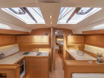 Galley of AF-D430, a Dufour 430 sailboat at Municipal Unit of Lefkada, Greece