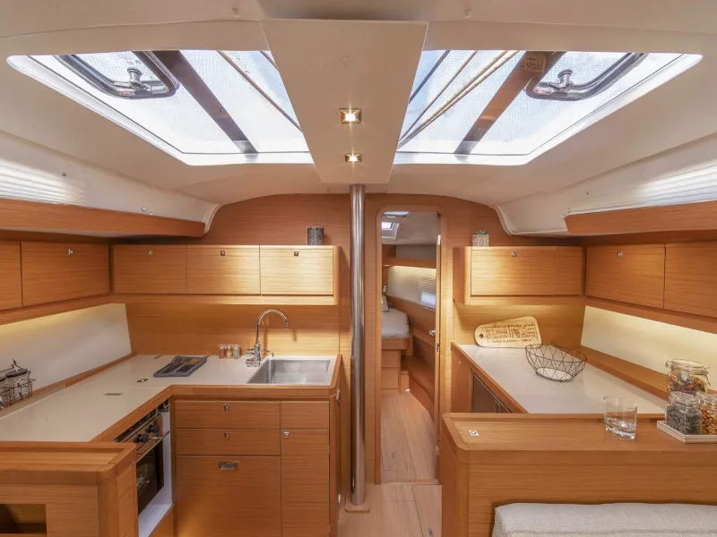 Galley of AF-D430, a Dufour 430 sailboat at Municipal Unit of Lefkada, Greece