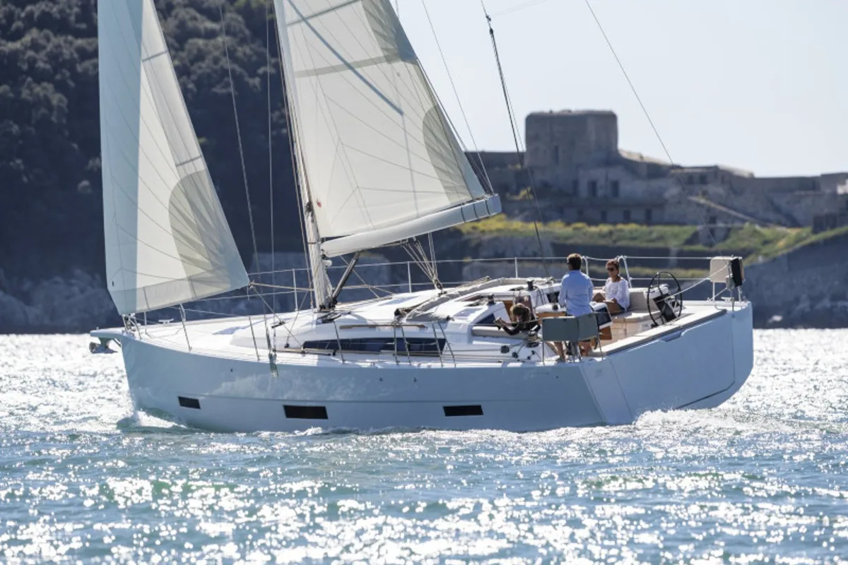 Exterior view of AF-D430, a Dufour 430 sailboat at Municipal Unit of Lefkada, Greece