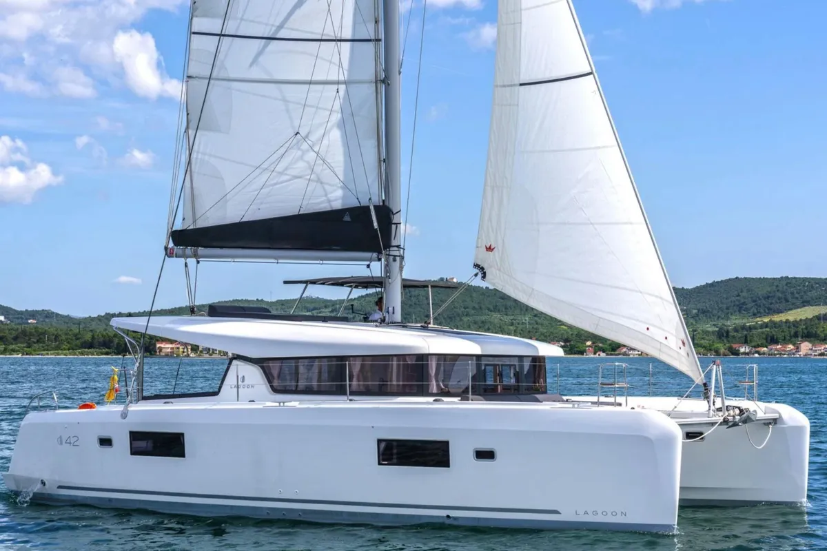 Exterior view of Stella, a Lagoon 42 catamaran at San Vincenzo, Italy