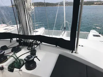 Cockpit of Dugongo II, a Lagoon 52 catamaran at Olbia, Italy