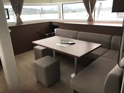 Salon of Dugongo II, a Lagoon 52 catamaran at Olbia, Italy
