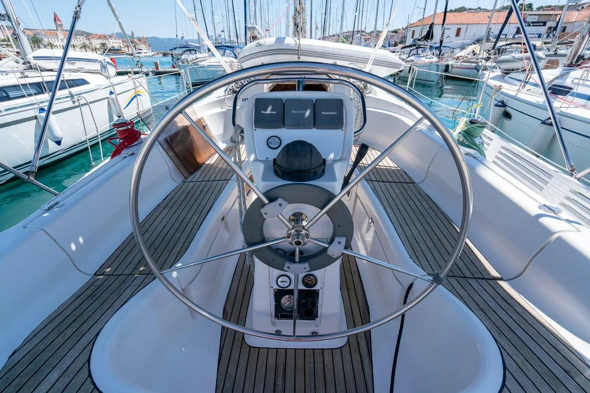 Cockpit of Lady Di, a Bavaria 36 Cruiser sailboat at Grad Trogir, Croatia