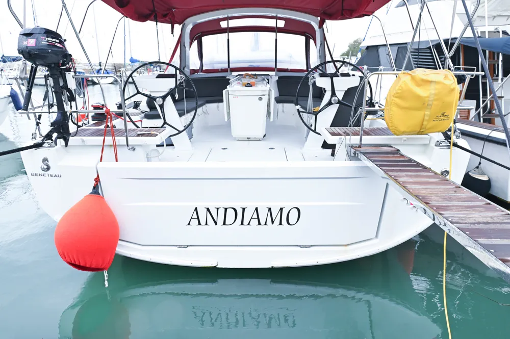 Exterior view of Andiamo, a Beneteau Oceanis 46.1 sailboat at Athens, Greece