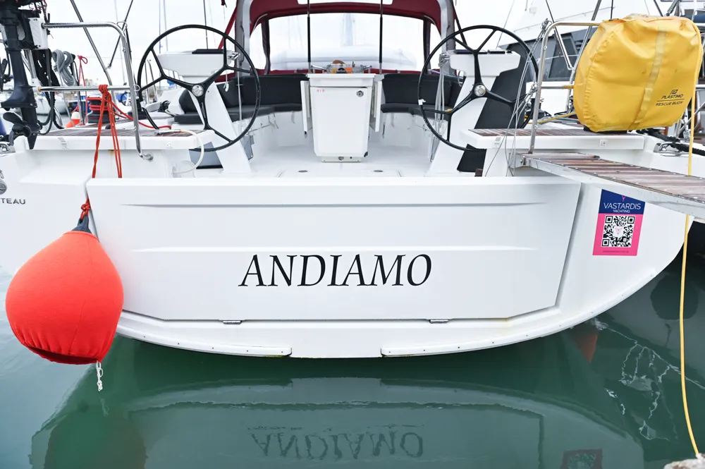 Exterior view of Andiamo, a Beneteau Oceanis 46.1 sailboat at Athens, Greece