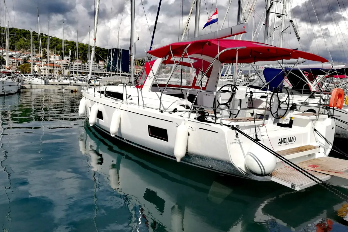 Exterior view of Andiamo, a Beneteau Oceanis 46.1 sailboat at Athens, Greece