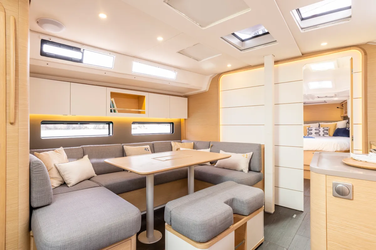 Salon of Sunsail 41.3 Premium Plus, a Dufour 41 sailboat at Municipal Unit of Lefkada, Greece
