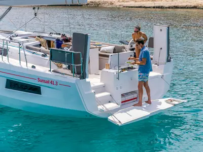 Deck of Sunsail 41.3 Premium Plus, a Dufour 41 sailboat at Municipal Unit of Lefkada, Greece