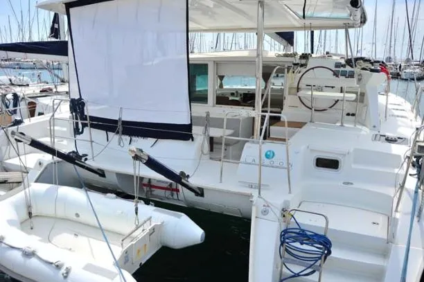 Cockpit of Amelia, a Lagoon 420 catamaran at Volos, Greece