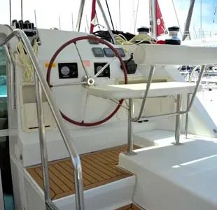 Cockpit of Amelia, a Lagoon 420 catamaran at Volos, Greece