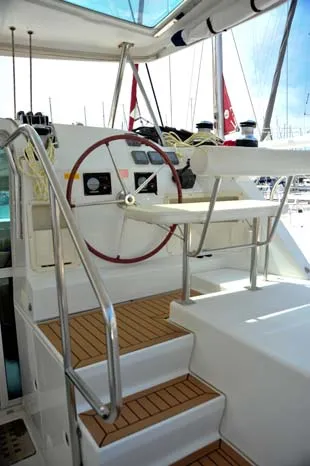 Cockpit of Amelia, a Lagoon 420 catamaran at Volos, Greece