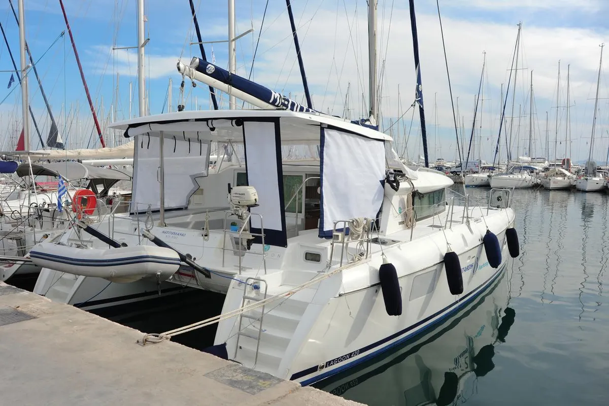 Deck of Amelia, a Lagoon 420 catamaran at Volos, Greece