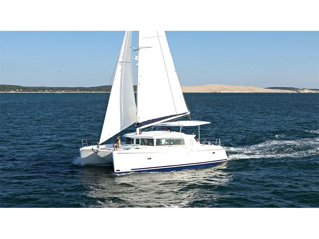 Exterior view of Amelia, a Lagoon 420 catamaran at Volos, Greece