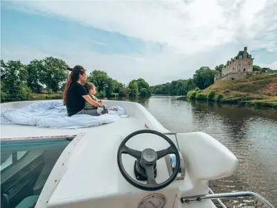 Deck of Allegro II, a Nicols Confort 900 DP motorboat at Grez-Neuville, France