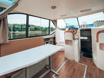 Cockpit of Allegro II, a Nicols Confort 900 DP motorboat at Grez-Neuville, France