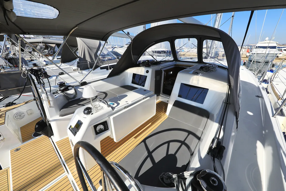 Deck of Diona, a Jeanneau Sun Odyssey 410 sailboat at Grad Biograd na Moru, Croatia