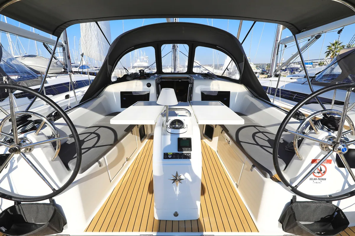 Cockpit of Diona, a Jeanneau Sun Odyssey 410 sailboat at Grad Biograd na Moru, Croatia