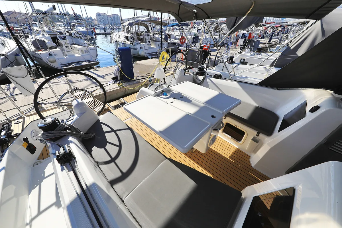 Deck of Diona, a Jeanneau Sun Odyssey 410 sailboat at Grad Biograd na Moru, Croatia
