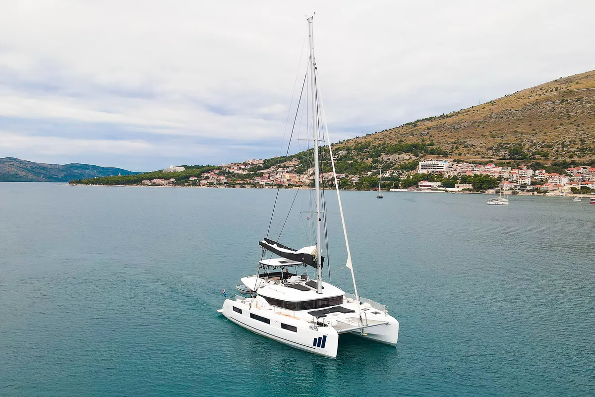 Exterior view of Nevera, a Lagoon 51 catamaran at Seget Donji, Croatia