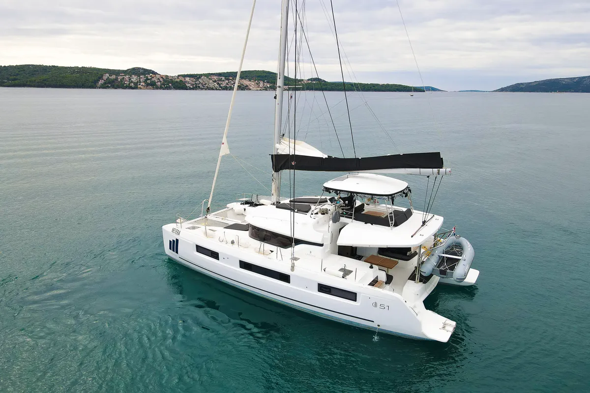 Exterior view of Nevera, a Lagoon 51 catamaran at Seget Donji, Croatia
