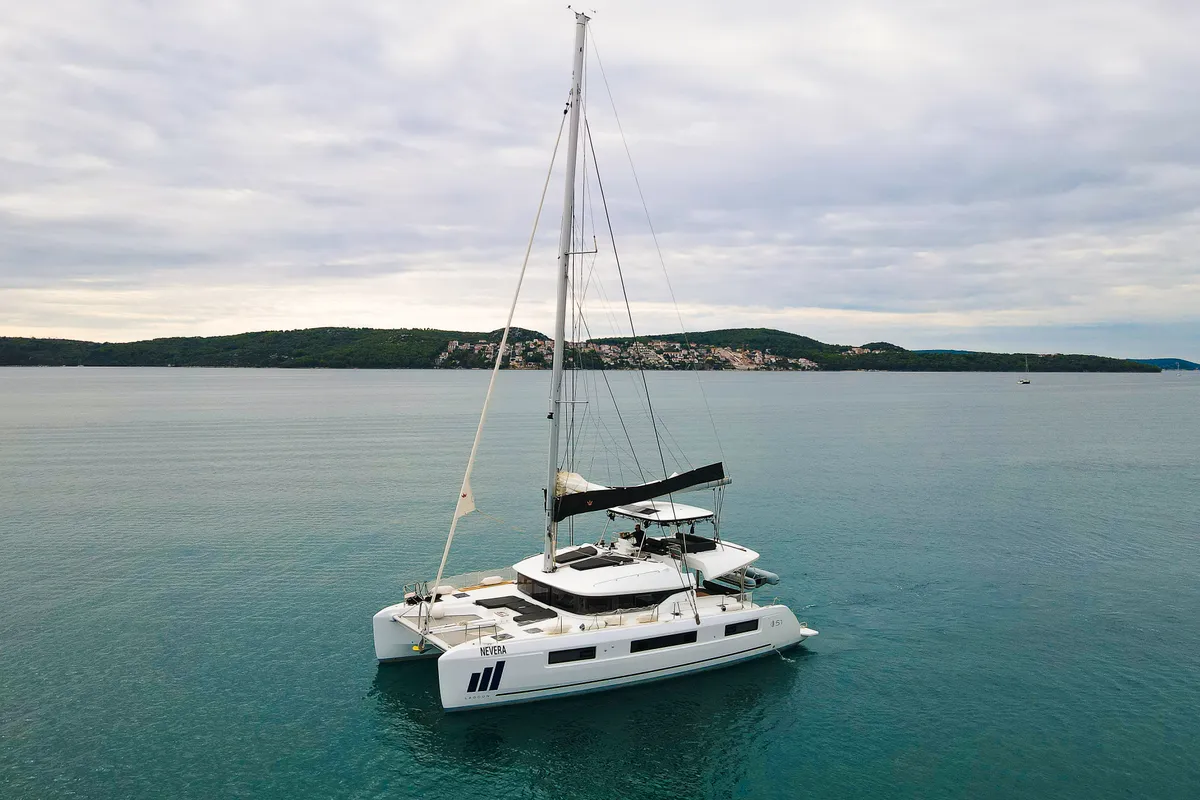 Exterior view of Nevera, a Lagoon 51 catamaran at Seget Donji, Croatia