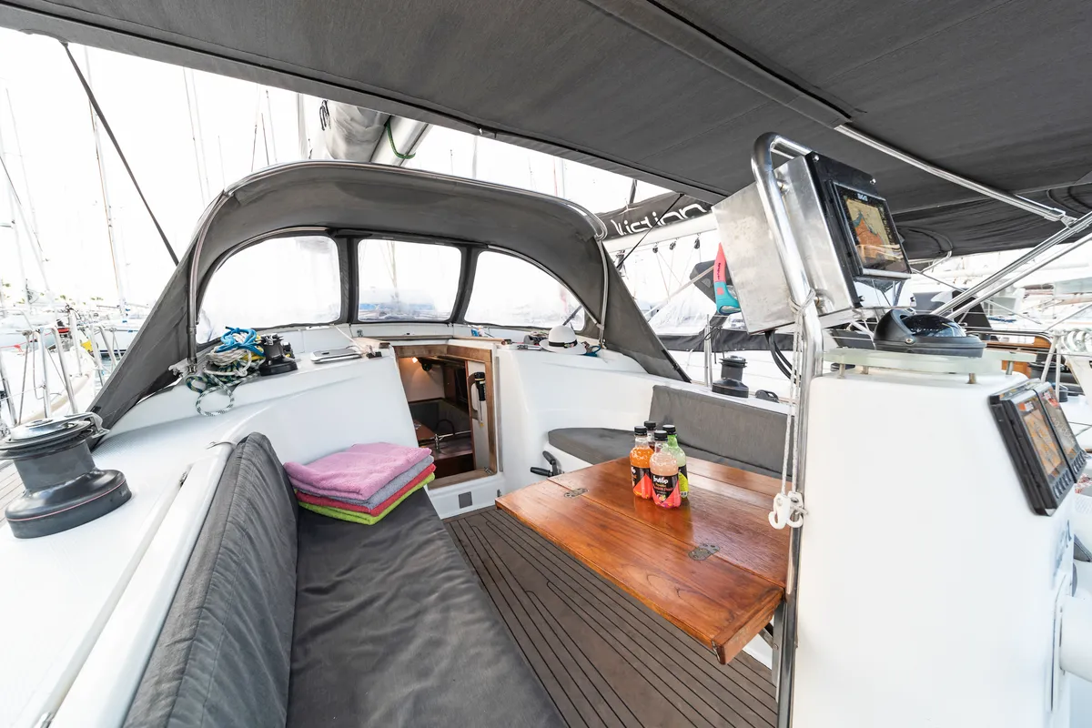 Deck of Flyer of Lorne, a Hanse 400 sailboat at Kos, Greece
