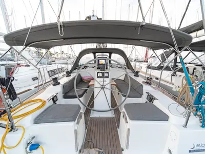 Cockpit of Flyer of Lorne, a Hanse 400 sailboat at Kos, Greece
