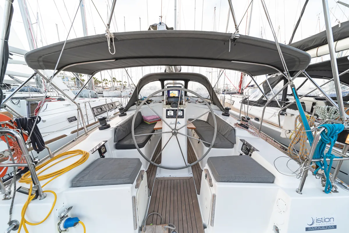 Cockpit of Flyer of Lorne, a Hanse 400 sailboat at Kos, Greece