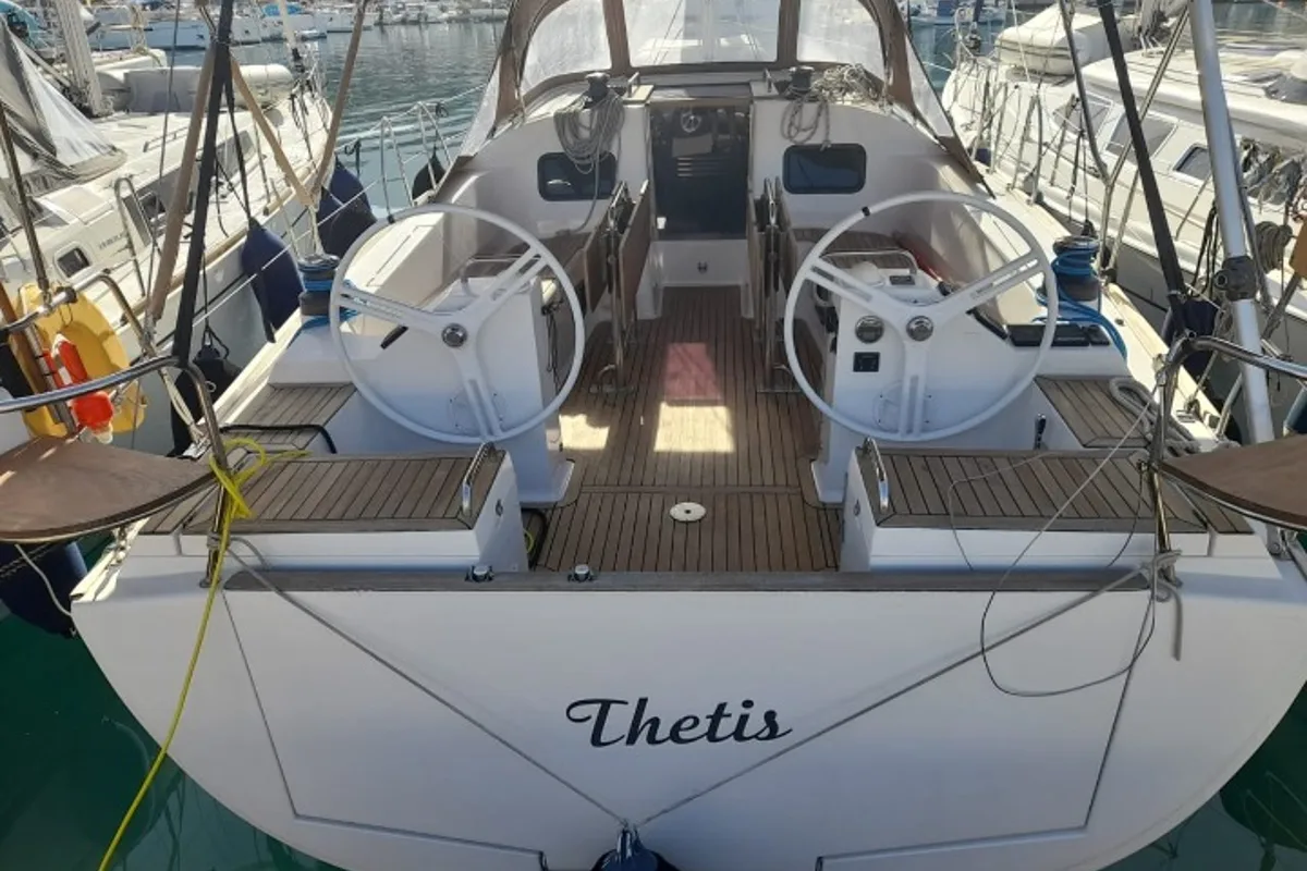 Exterior view of Thetis, a Elan Impression 45.1 sailboat at Municipal Unit of Palairos, Greece