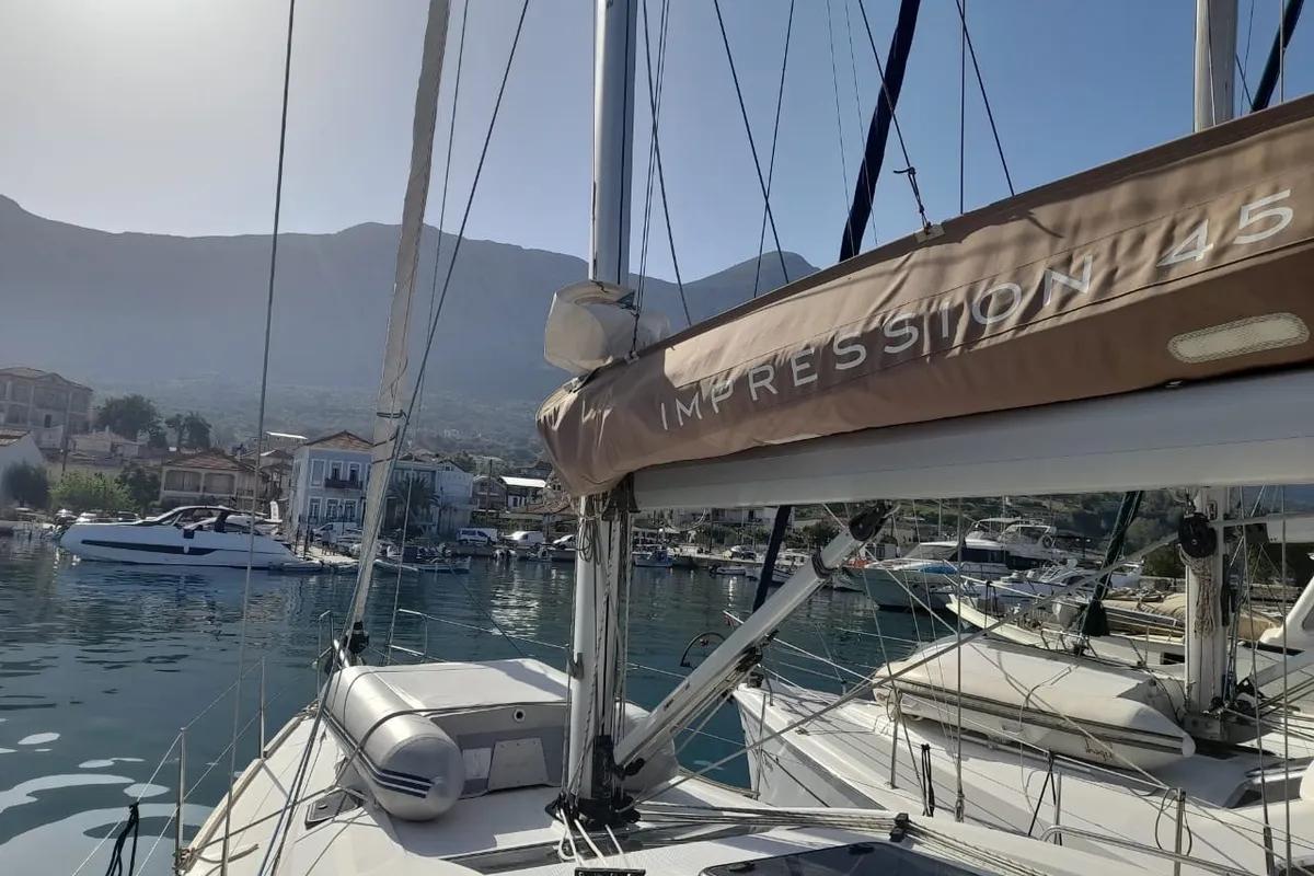 Exterior view of Thetis, a Elan Impression 45.1 sailboat at Municipal Unit of Palairos, Greece