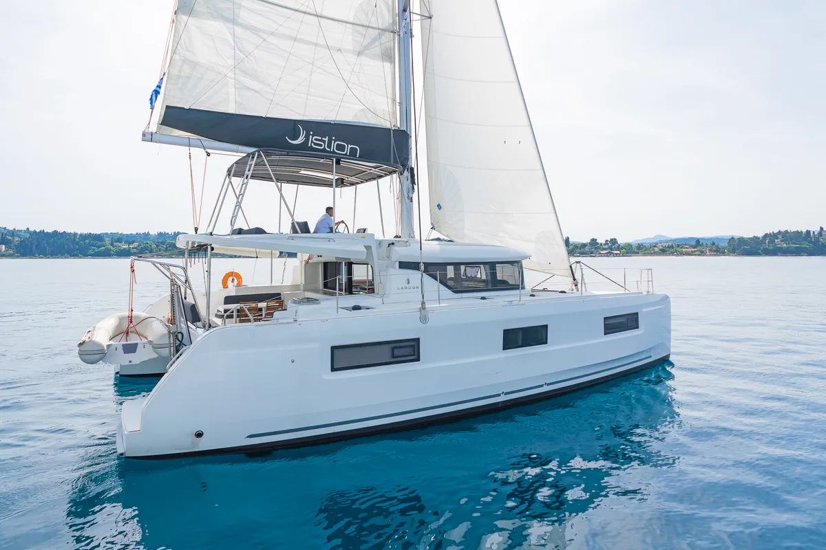 Exterior view of If, a Lagoon 46 catamaran at Kontokali, Greece