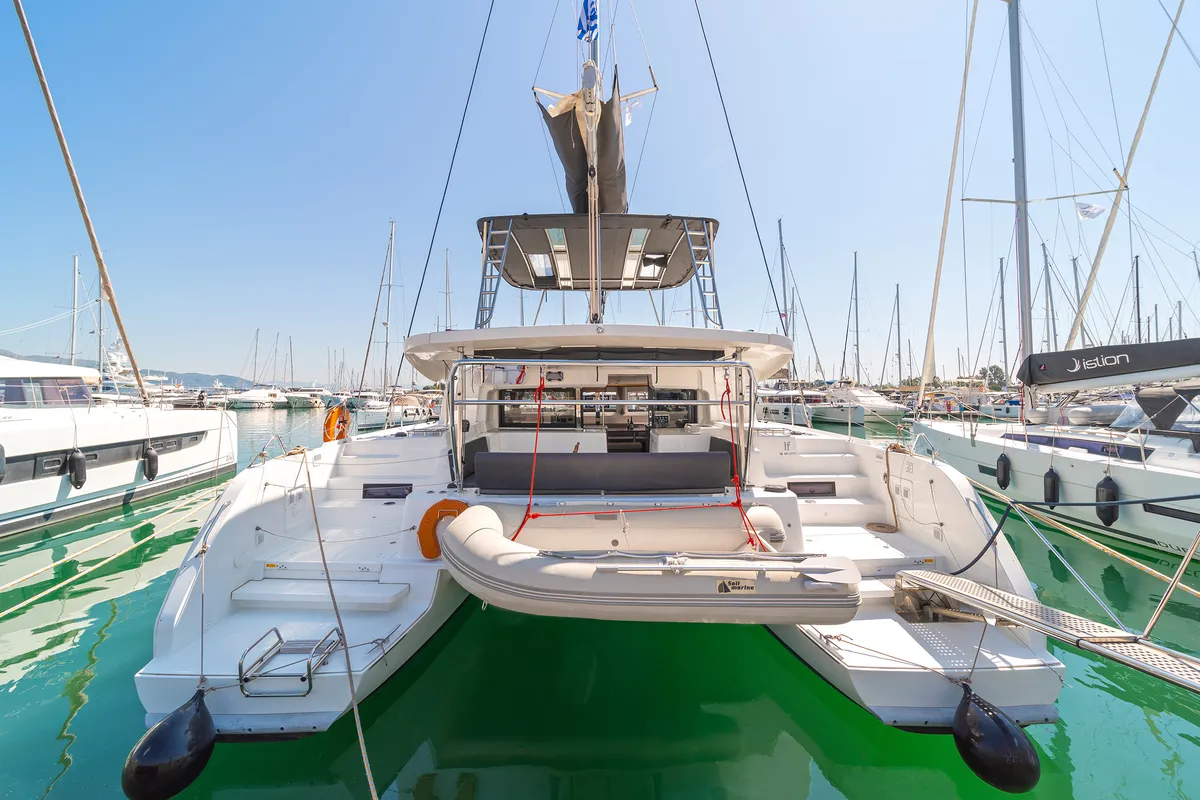 Exterior view of If, a Lagoon 46 catamaran at Kontokali, Greece