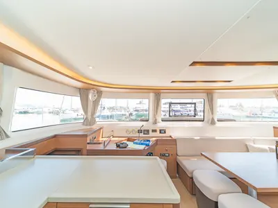 Salon of If, a Lagoon 46 catamaran at Kontokali, Greece
