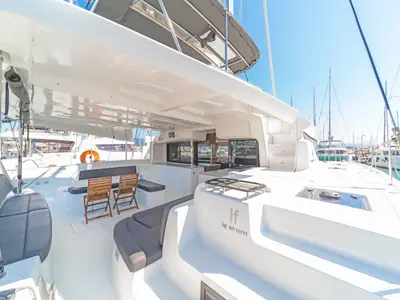 Deck of If, a Lagoon 46 catamaran at Kontokali, Greece