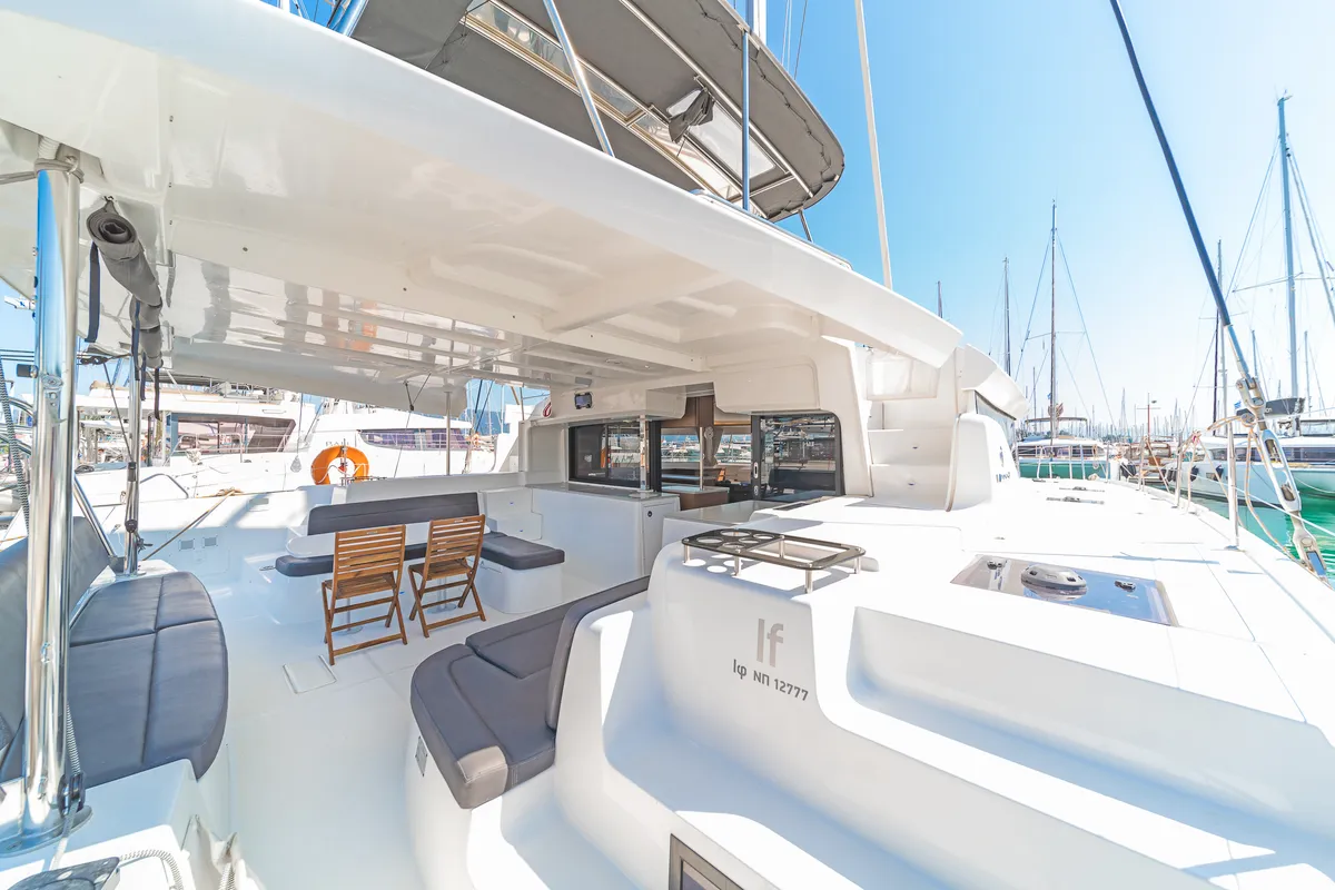 Deck of If, a Lagoon 46 catamaran at Kontokali, Greece