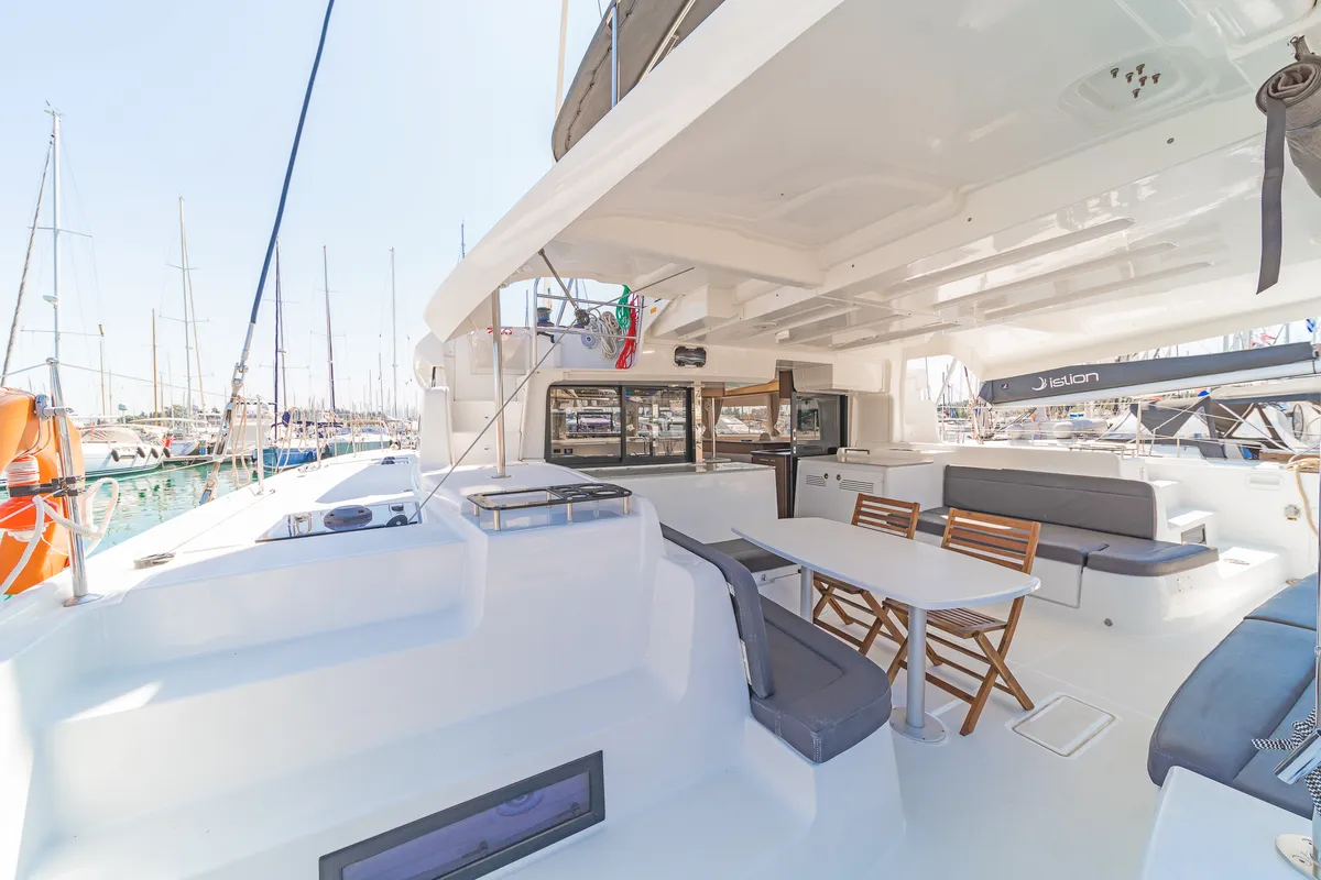 Deck of If, a Lagoon 46 catamaran at Kontokali, Greece