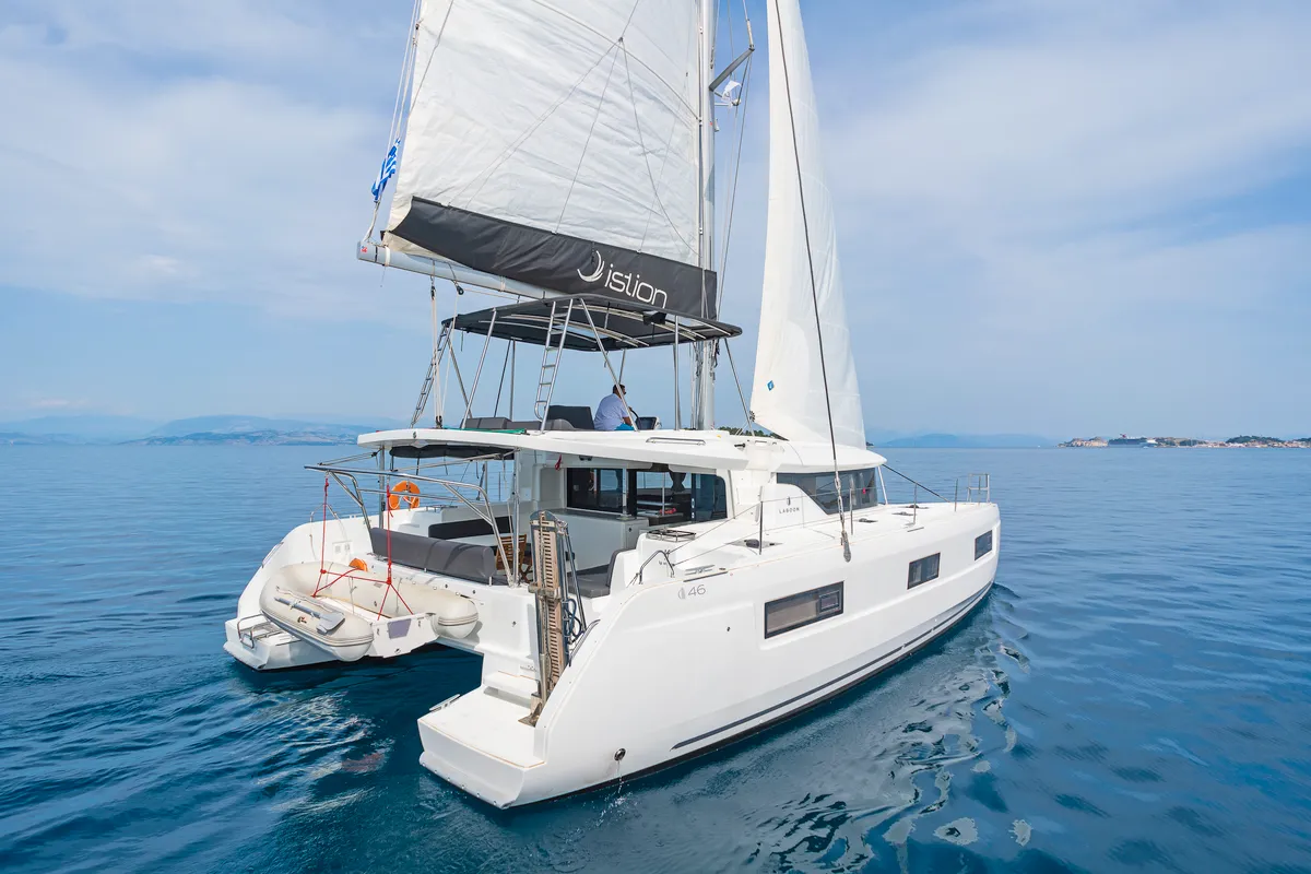 Exterior view of If, a Lagoon 46 catamaran at Kontokali, Greece
