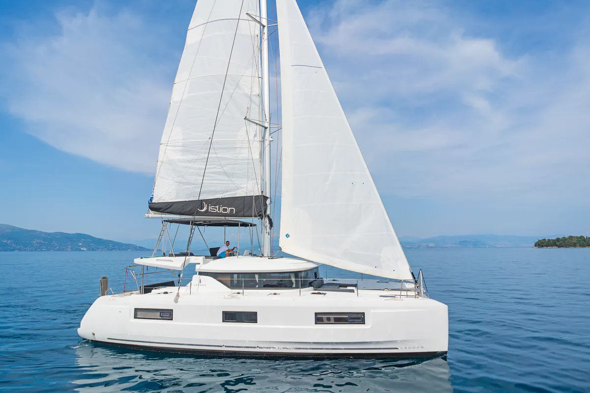 Exterior view of If, a Lagoon 46 catamaran at Kontokali, Greece
