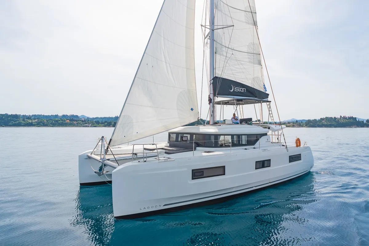 Exterior view of If, a Lagoon 46 catamaran at Kontokali, Greece