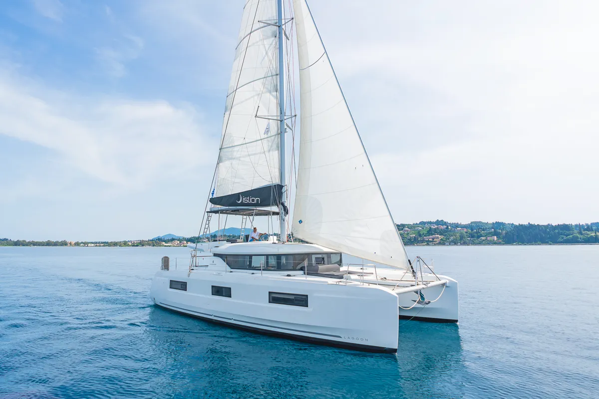Exterior view of If, a Lagoon 46 catamaran at Kontokali, Greece