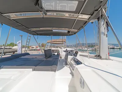 Cockpit of If, a Lagoon 46 catamaran at Kontokali, Greece